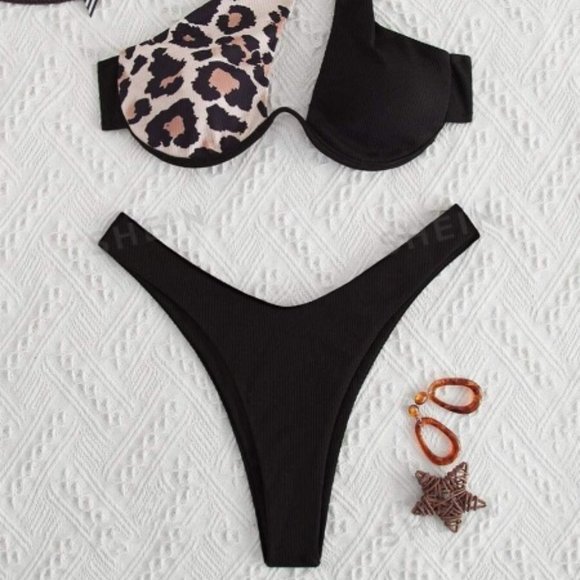 Sexy Leopard Ribbed Bikini One Shoulder Bra & High Cut Bottom - Picture 2 of 3